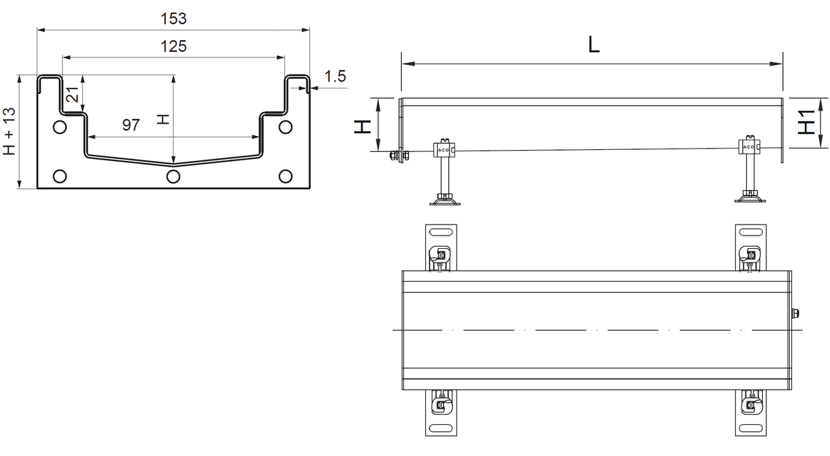 Esquema técnico del canal con pendiente Modular 125 L500 H63/78 de altura interior H50/56 en acero inoxidable AISI304