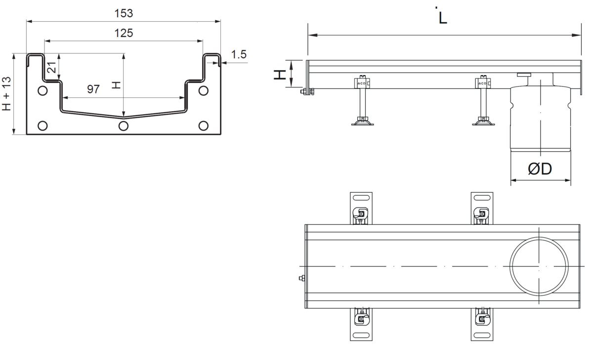 M0105175 Esquema técnico del canal Modular 125 L500 H63 de altura interior H50 en acero inoxidable AISI304 on salida final DN/OD 110