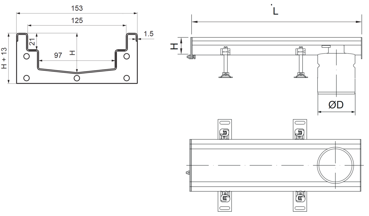 Esquema técnico do canal Modular 125 L500 H63 de altura interior H50 em aço inoxidável AISI304 com saida na extremidade DN/OD 110