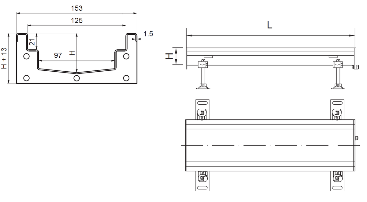 Esquema técnico do canal Modular 125 L500 H63 de altura interior H50 em aço inoxidável AISI304