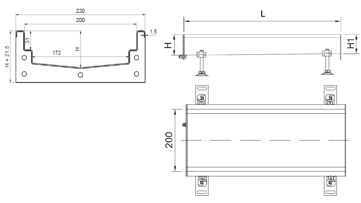 Esquema técnico do canal con pendiente Modular 200 L500 H76,5/81,5 de altura interior H55/60 em aço inoxidável AISI304