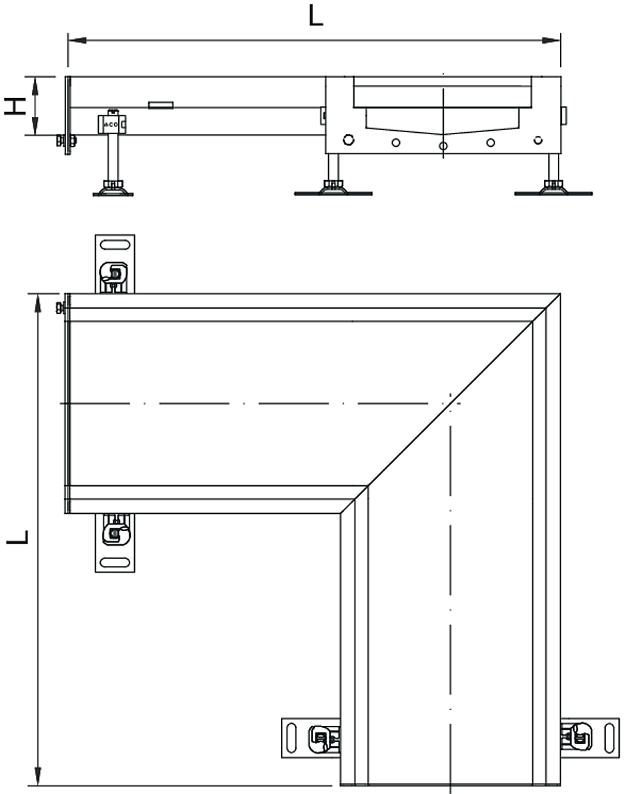 M0401921 Esquema técnico del canal en L Modular 200 L515X515 H81,5 de altura interior H60 en acero inoxidable AISI304