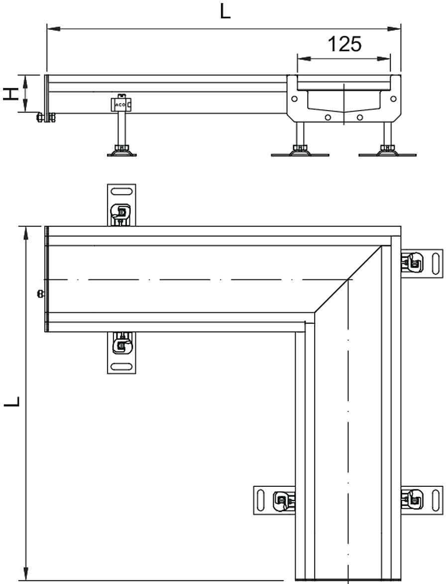M0409812 Esquema técnico del canal en L Modular 125 L515X515 H63 de altura interior H50 en acero inoxidable AISI304