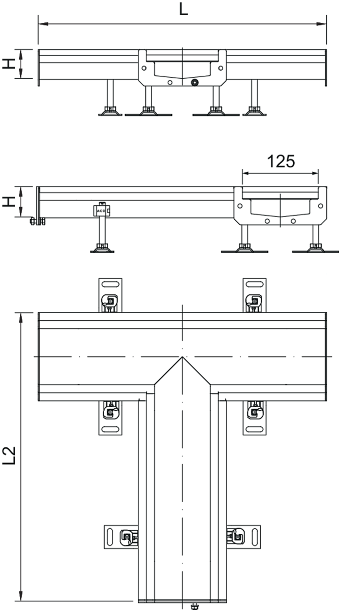 M0409824 Esquema técnico del canal en T Modular 125 L500X515 H63 de altura interior H50 en acero inoxidable AISI304
