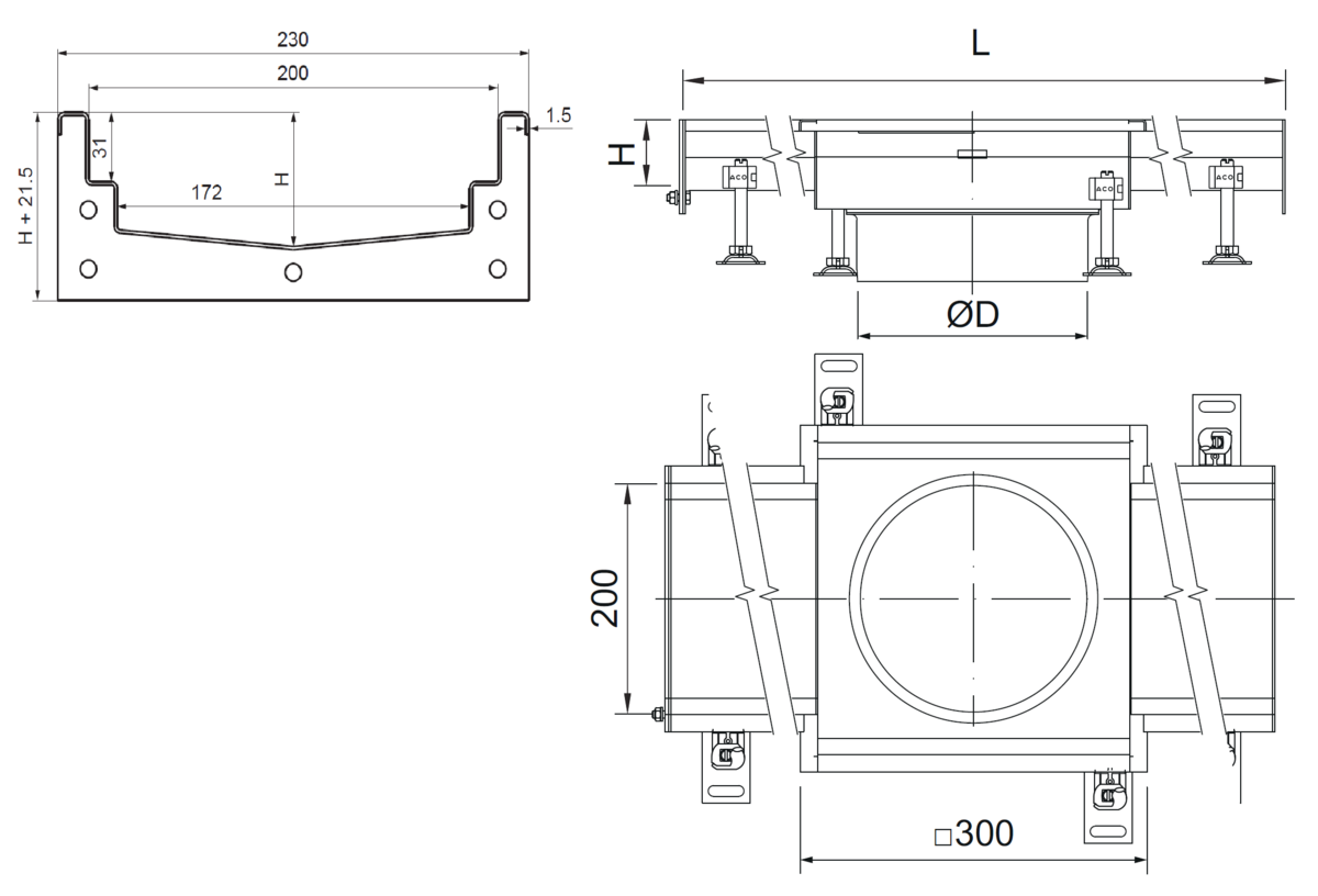 M0414243 Esquema técnico del canal Modular 200 L1270 H81,5 de altura interior H60 en acero inoxidable AISI304 con salida central DN/OD 110 de 300x300mm