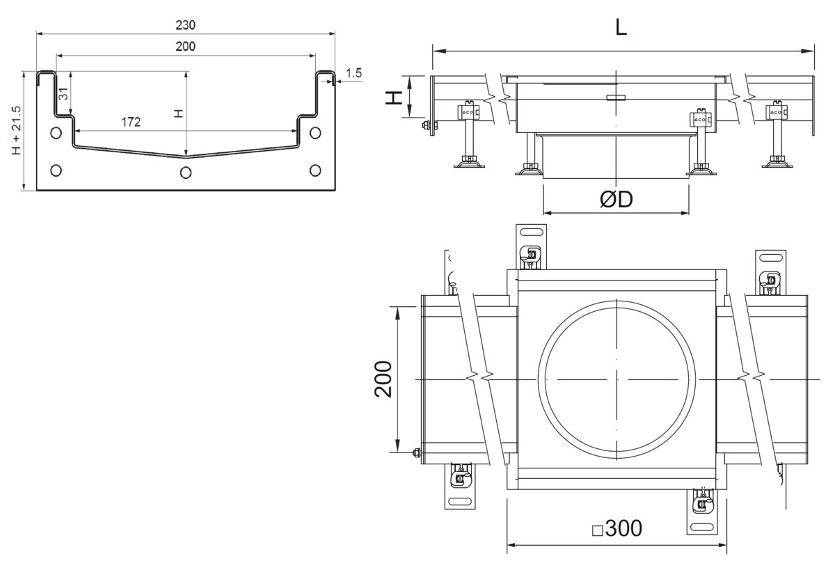 Esquema técnico del canal Modular 200 L1270 H81,5 de altura interior H60 en acero inoxidable AISI304 con salida central DN/OD 110 de 300x300mm