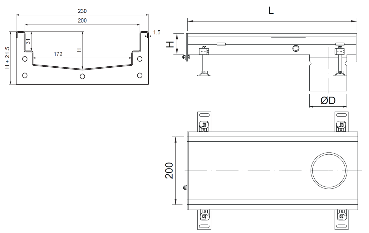 Esquema técnico do canal Modular 200 L500 H81,5 de altura interior H60 em aço inoxidável AISI304 com saida na extremidade DN/OD 110