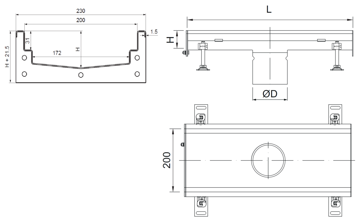 Esquema técnico del canal Modular 200 L500 H81,5 de altura interior H60 en acero inoxidable AISI304 on salida central DN/OD 110