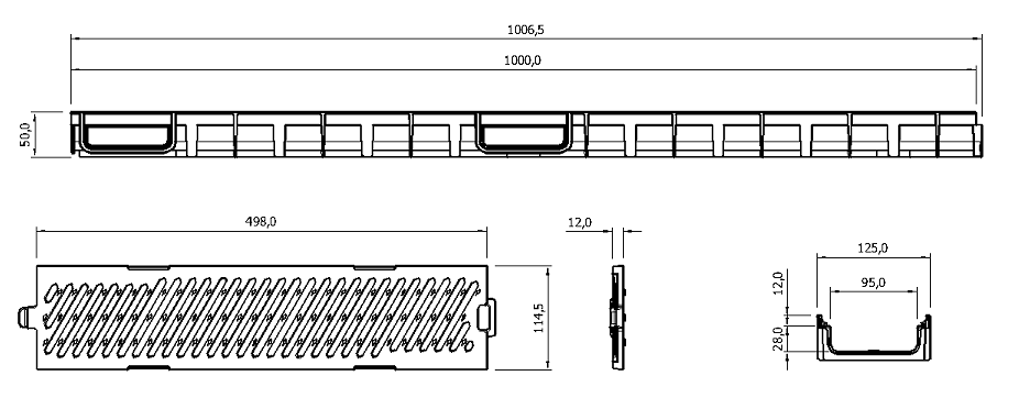 Esquema conjunto canal Easyline 100 HDPE preto H50 L1000mm com grelha passarela B125 fundição