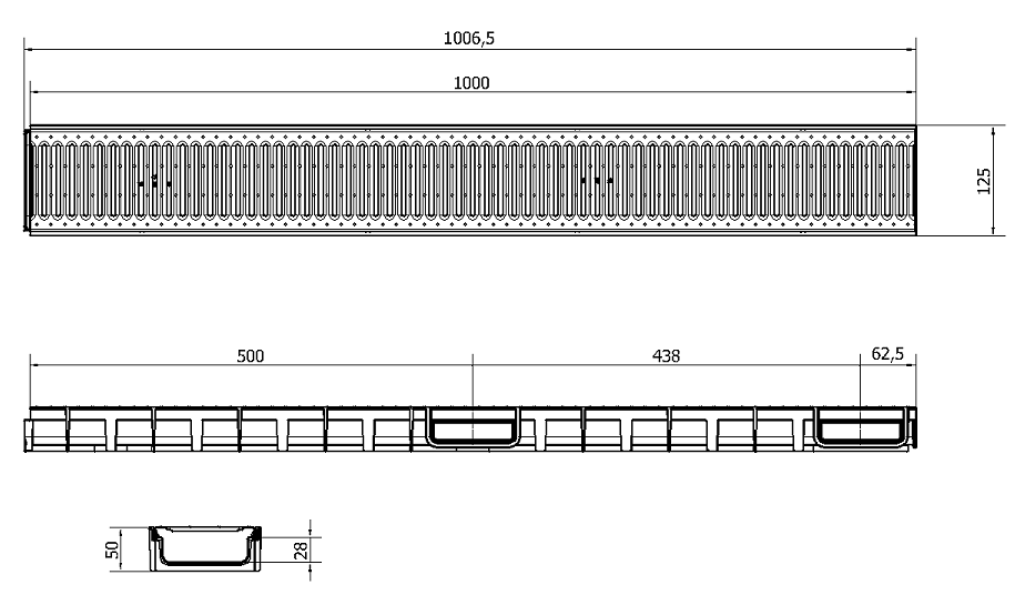 Esquema conjunto canal Easyline 100 HDPE preto H50 L1000mm com grelha passarela A15 aço SLIM