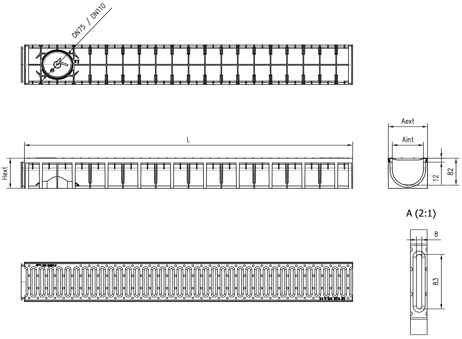 MF613000 Esquema técnico del canal MUFLE 4ALL H92 en polipropileno negro con reja pasarela de acero galvanizado A15.