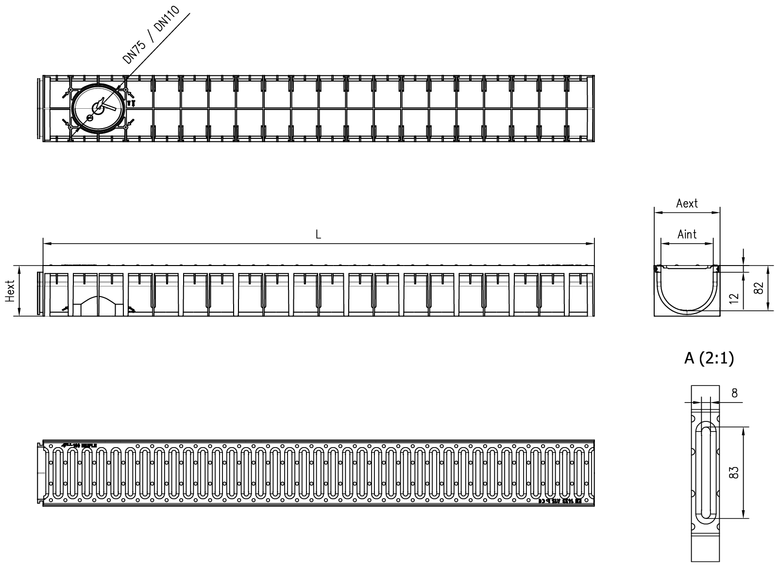 Esquema técnico del canal MUFLE 4ALL H92 en polipropileno negro con reja pasarela de acero inoxidable AISI304 clase de carga A15.