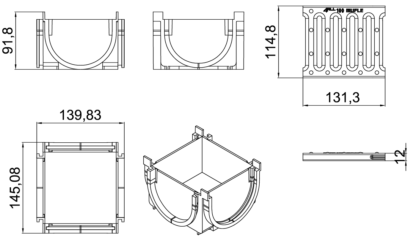 MF613200 Esquema técnico de la esquina para el canal MUFLE 4ALL 100 en polietileno de alta densidad (HDPE) negro, de L145 A120 H92, con reja pasarela de acero galvanizado clase de carga A15.