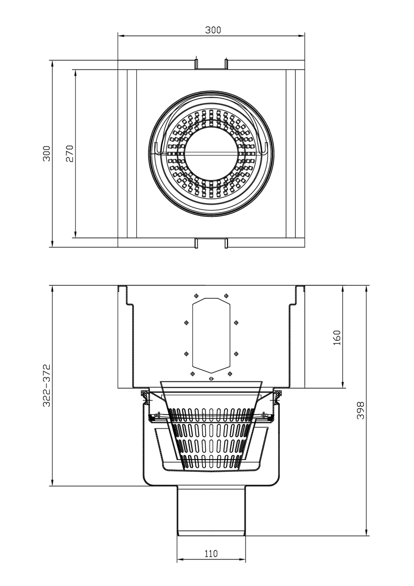 Esquema técnico del sumidero completo para el canal RANURADO ESP H140 L300 A300 H398 de acero inoxidable AISI304, sin reja, salida vertical DN110, con sifón y cestillo.