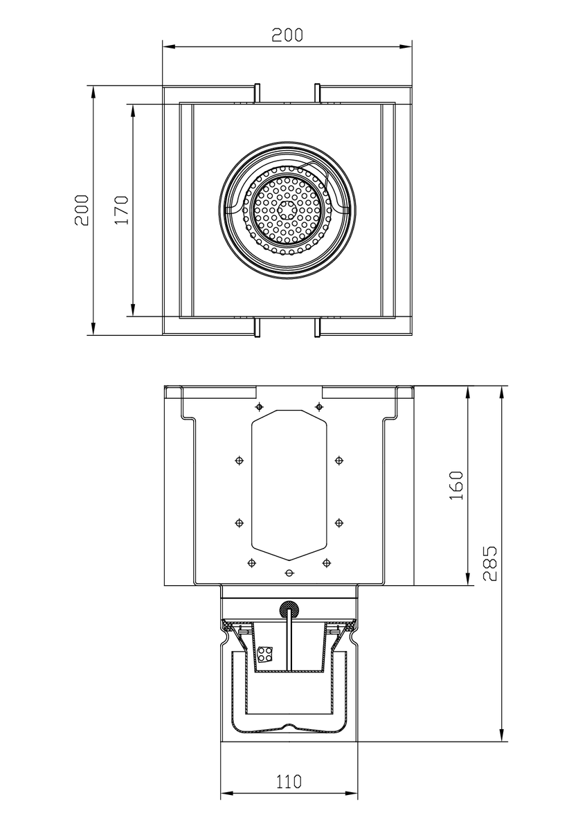 Esquema técnico del sumidero completo para el canal RANURADO ESP H140 L200 A200 H285 de acero inoxidable AISI304, sin reja, salida vertical DN110, con sifón y cestillo.