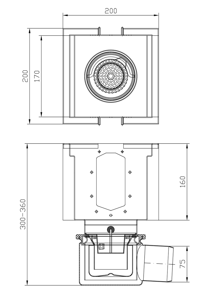 Esquema técnico do sumidouro completo para o canal RANHURADO ESP H140 L200 A200 H300 em aço inoxidável AISI304, sem grelha, saída horizontal DN75, com sifão e cesto.