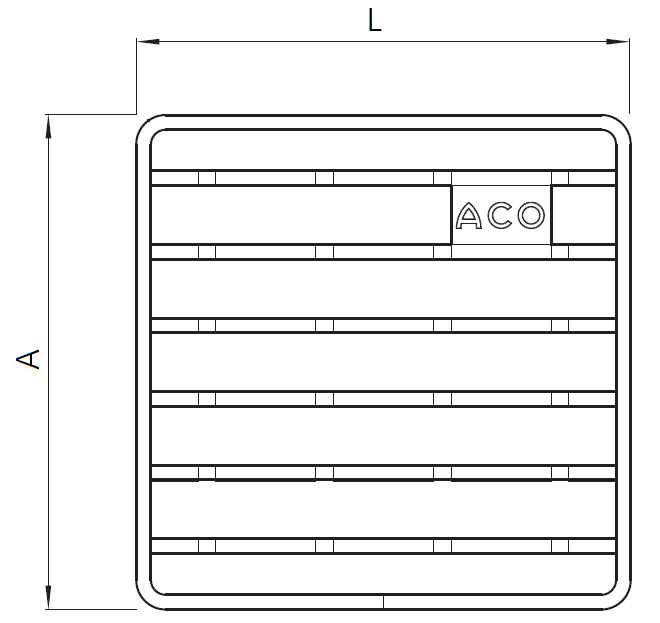 Esquema técnico general de la reja para sumidero EG, reja de barras antideslizantes en acero inoxidable AISI304 de dimensiones LLvar Avar sin sistema de fijación.