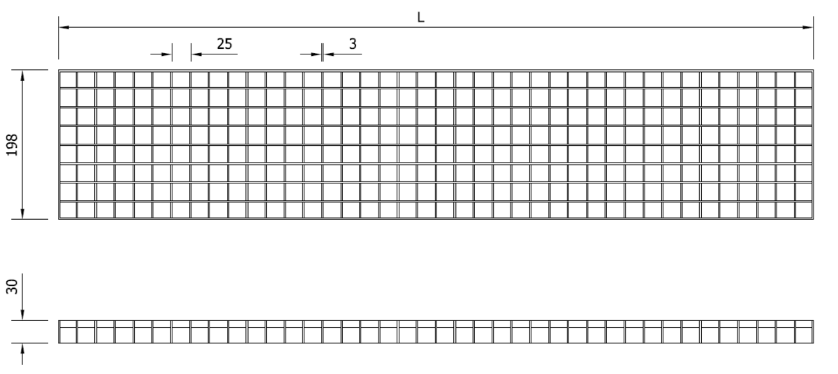 RJ MODULAR 200 ENT Esquema técnico general de la reja para canal Modular 200, reja entramada antideslizante 25X25 en acero inoxidable AISI304 de dimensiones A198 sin sistema de fijación.