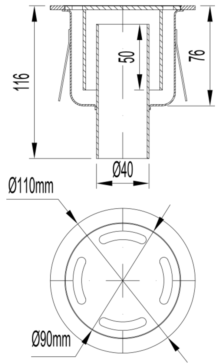 Esquema técnico do sumidouro SELECT, fabricado em aço inoxidável AISI304, de dimensões Ø110 H116, saída vertical DN40, com sifão, com grelha slot sem fixação carga pedonal.