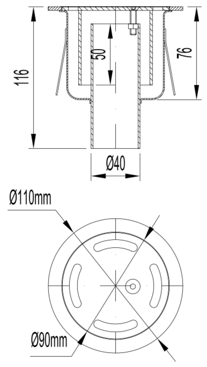 Esquema técnico do sumidouro SELECT, fabricado em aço inoxidável AISI304, de dimensões Ø110 H116, saída vertical DN40, com sifão, com grelha slot com fixação carga pedonal.