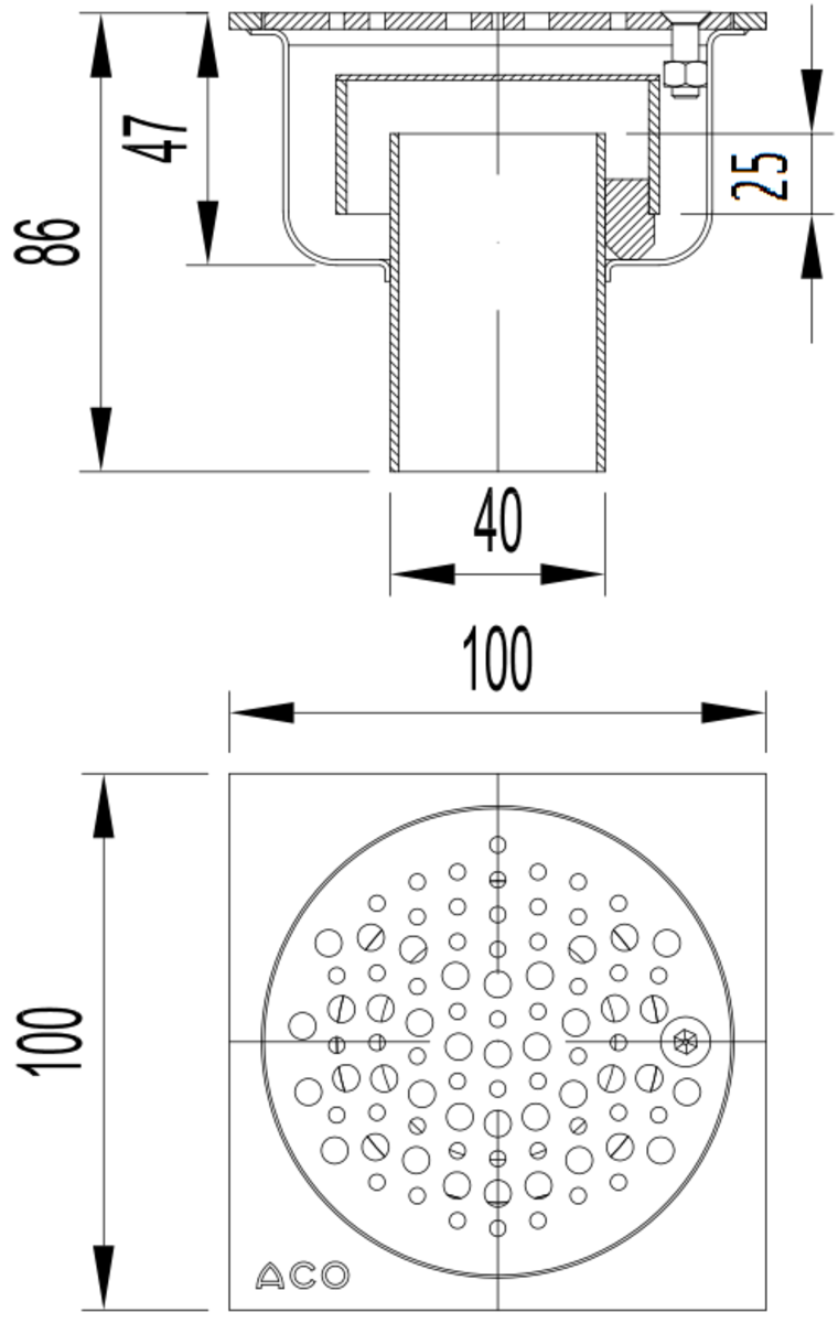 S0302936 Esquema técnico del sumidero SELECT, fabricado en acero inoxidable AISI304, de dimensiones L100 A100 H86, salida vertical DN40, con sifón, con reja ocean con fijación carga peatonal.
