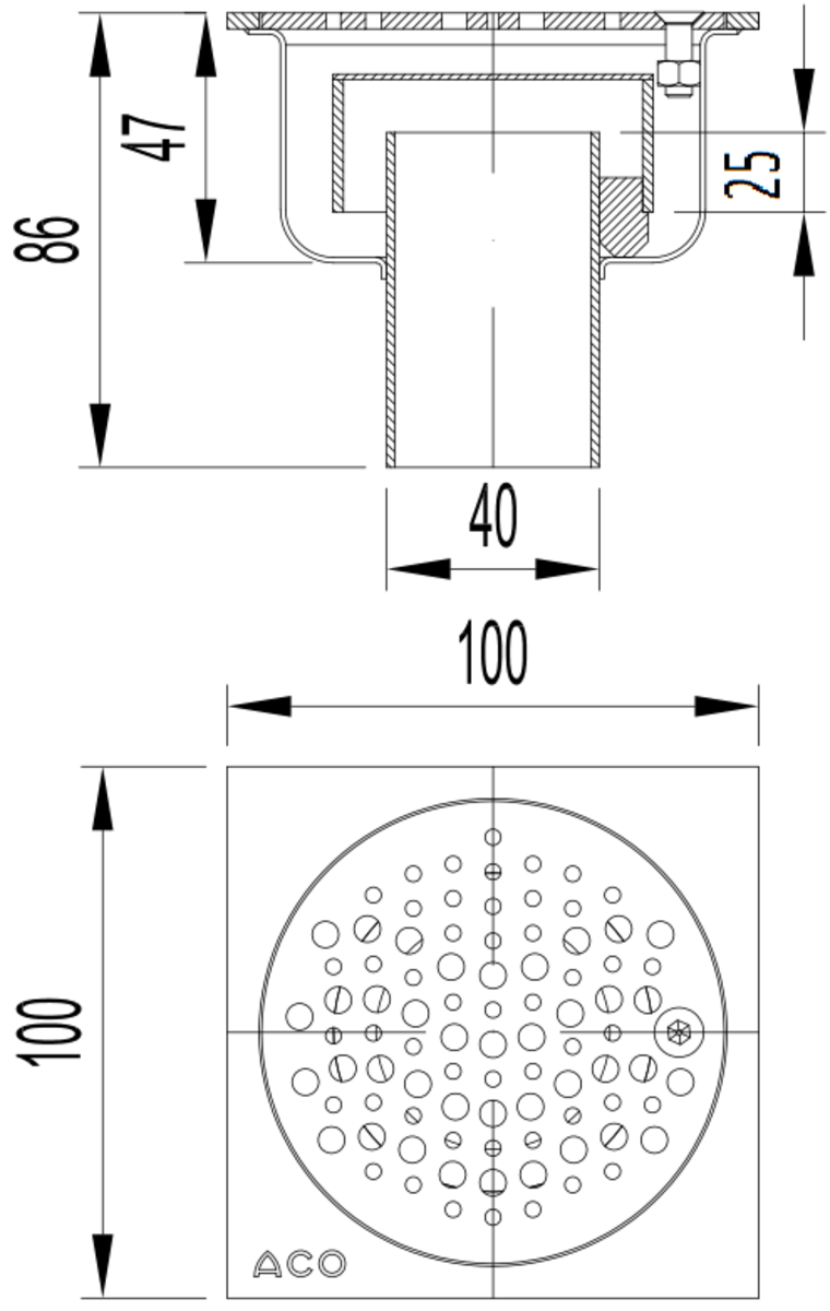 Esquema técnico del sumidero SELECT, fabricado en acero inoxidable AISI304, de dimensiones L100 A100 H86, salida vertical DN40, con sifón, con reja ocean con fijación carga peatonal.