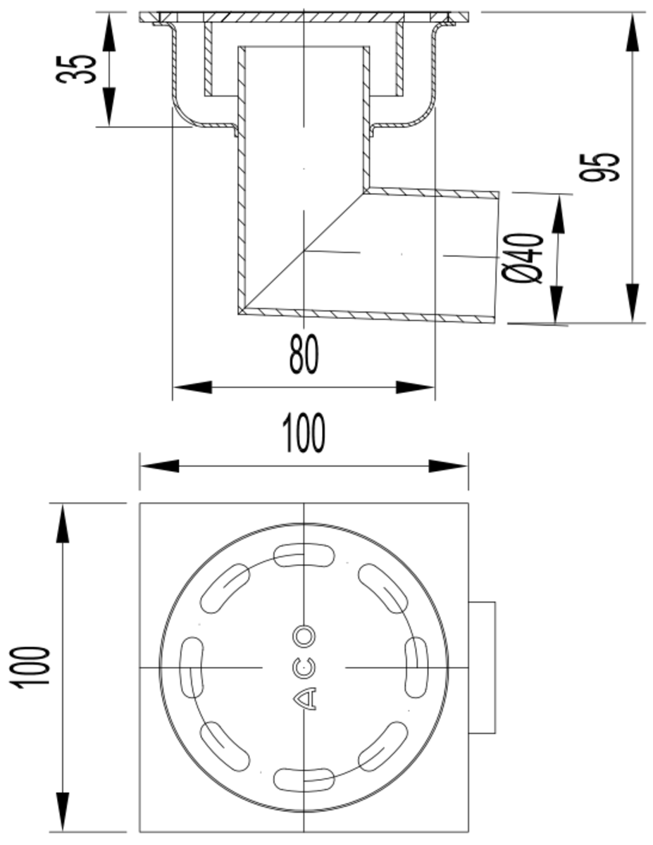 Esquema técnico del sumidero SELECT, fabricado en acero inoxidable AISI304, de dimensiones L100 A100 H95, salida horizontal DN40, con sifón, con reja ranurada sin fijación carga peatonal.