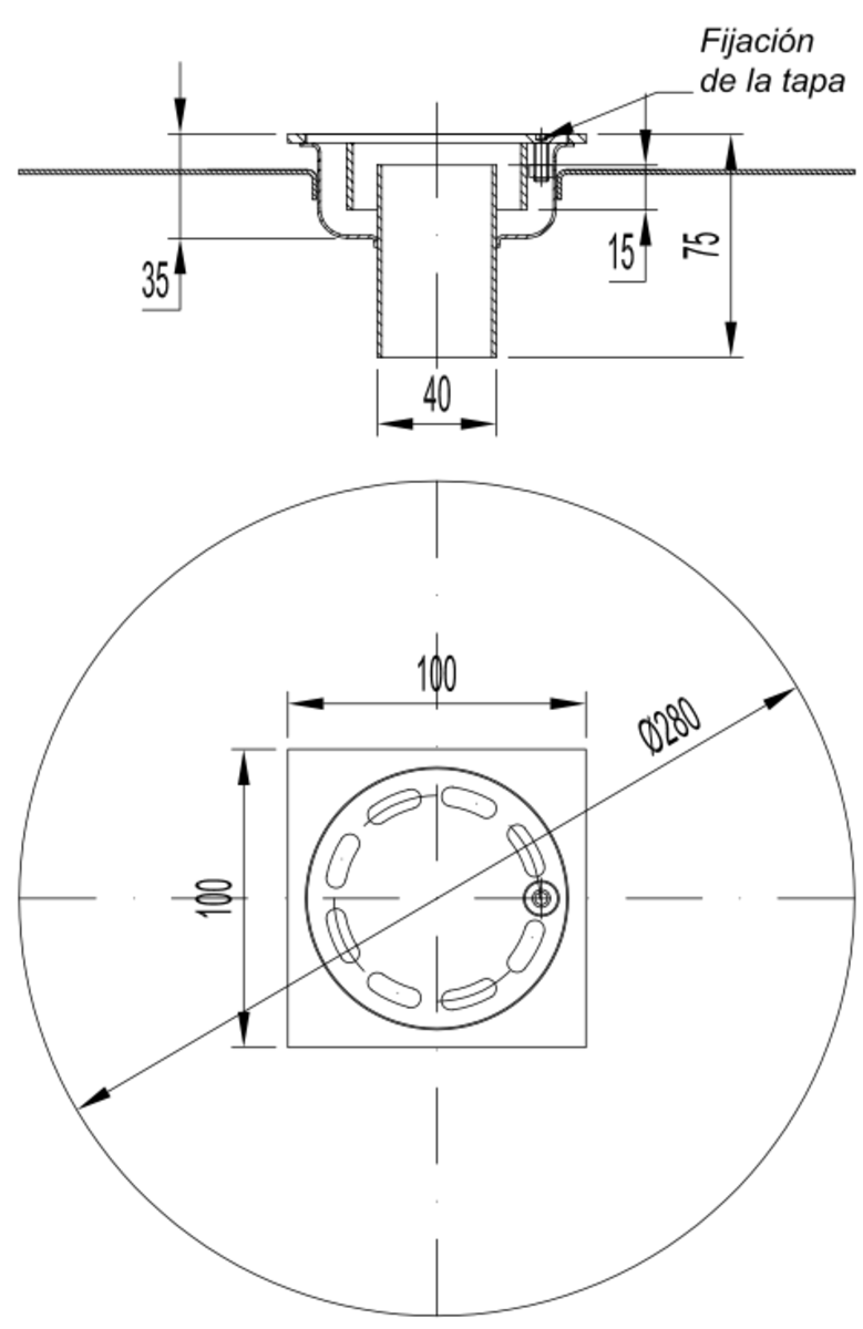 Esquema técnico del sumidero SELECT, fabricado en acero inoxidable AISI304, de dimensiones L100 A100 H75 con marco para impermeabilizació liquida, salida vertical DN40, con sifón, con reja ranurada con fijación carga peatonal.