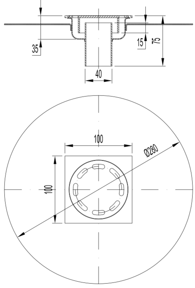 Esquema técnico del sumidero SELECT, fabricado en acero inoxidable AISI304, de dimensiones L100 A100 H75 con marco para impermeabilizació liquida, salida vertical DN40, con sifón, con reja ranurada con fijación carga peatonal.