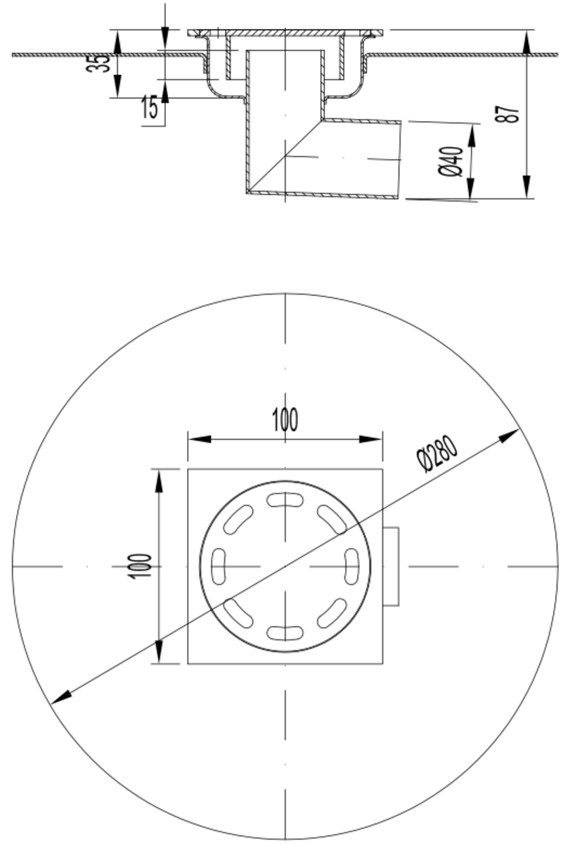 Esquema técnico do sumidouro SELECT, fabricado em aço inoxidável AISI304, de dimensões L100 A100 H87 com aro para impermeabilização líquida, saída horizontal DN40, com sifão, com grelha slot sem fixação carga pedonal.