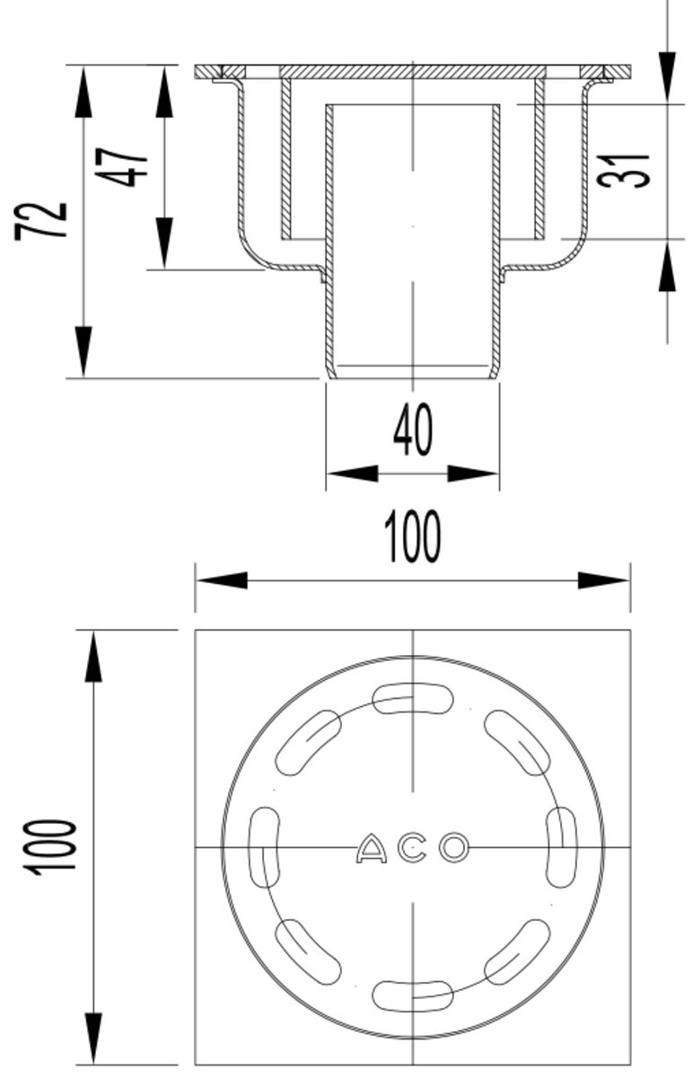 Esquema técnico do sumidouro SELECT, fabricado em aço inoxidável AISI304, de dimensões L100 A100 H72, saída vertical DN40, com sifão, com grelha slot sem fixação carga pedonal.