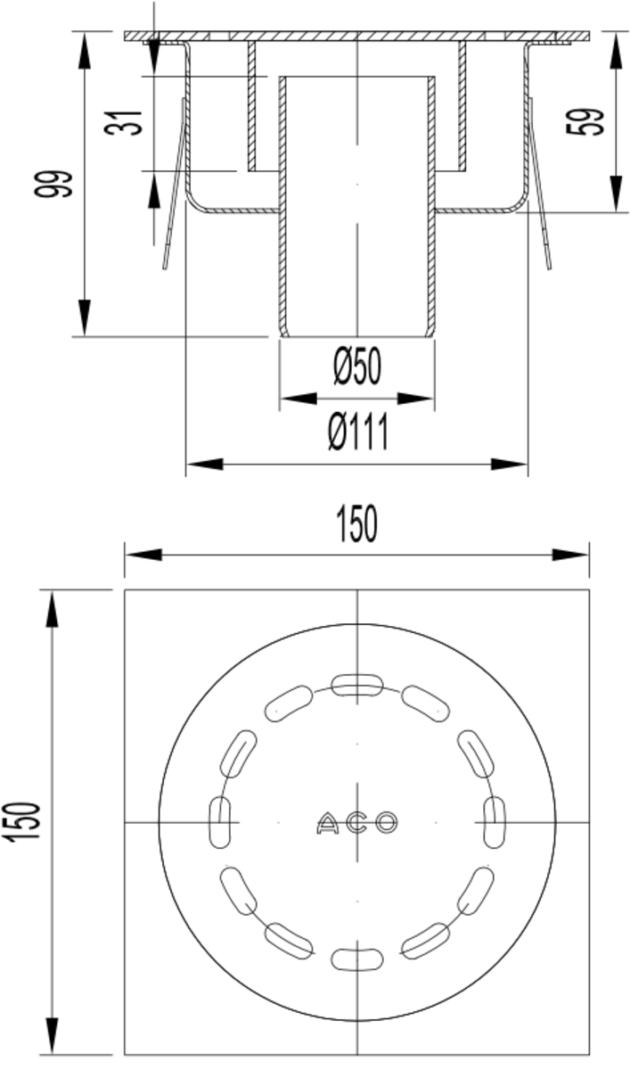 Esquema técnico del sumidero SELECT, fabricado en acero inoxidable AISI304, de dimensiones L150 A150 H99, salida vertical DN50, con sifón, con reja ranurada sin fijación carga peatonal.