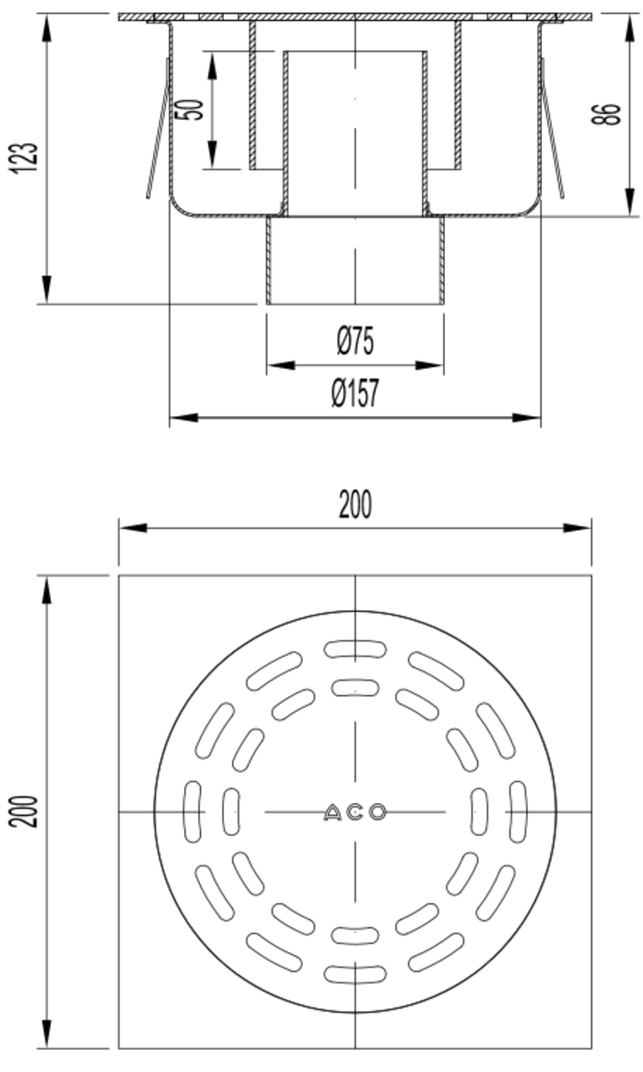 Esquema técnico del sumidero SELECT, fabricado en acero inoxidable AISI304, de dimensiones L200 A200 H123, salida vertical DN75, con sifón, con reja ranurada sin fijación carga peatonal.