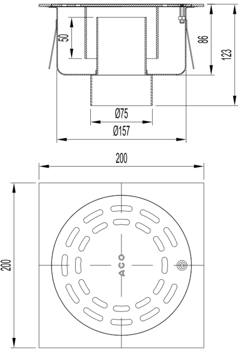 Esquema técnico do sumidouro SELECT, fabricado em aço inoxidável AISI304, de dimensões L200 A200 H123, saída vertical DN75, com sifão, com grelha slot com fixação carga pedonal.