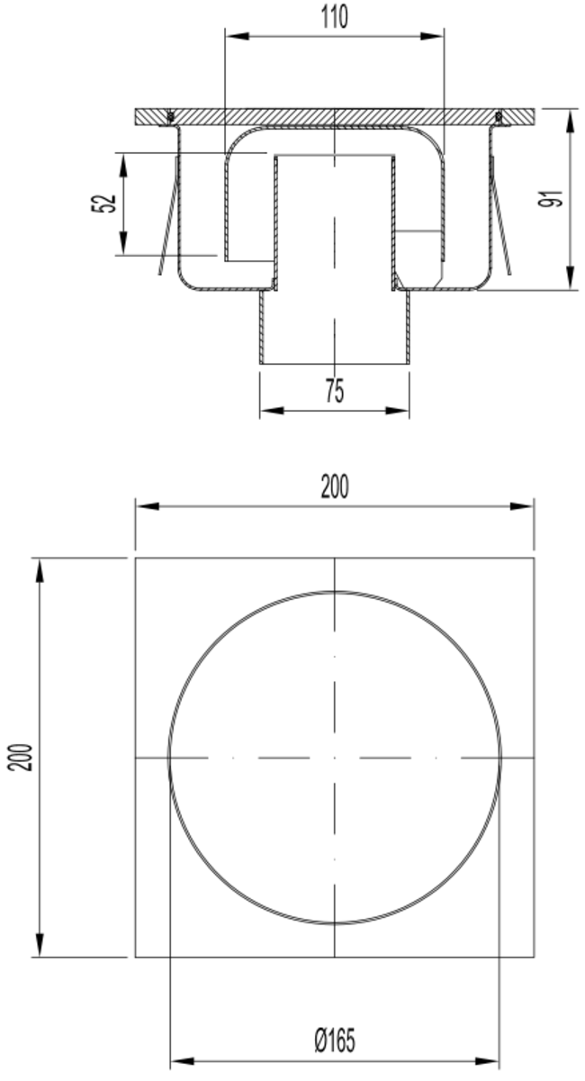 Esquema técnico del sumidero SELECT, fabricado en acero inoxidable AISI304, de dimensiones L200 A200 H131, salida vertical DN75, con sifón, con reja estanca sin fijación carga 30kN.