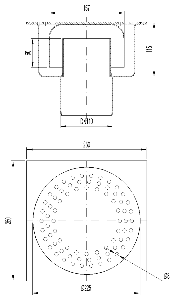 Esquema técnico del sumidero industrial SELECT 250, fabricado en acero inoxidable AISI304, de dimensiones L250 A250 H195 fondo Ø201, salida vertical DN110, con sifón, con reja perforada para una carga 30kN.