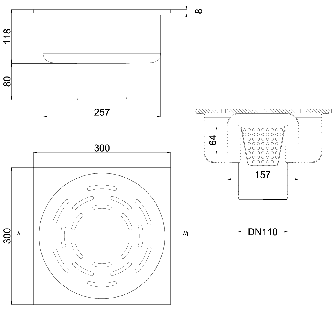 Esquema técnico do sumidouro SELECT, fabricado em aço inoxidável AISI304, de dimensões L300 A300 H195, saída vertical DN110, com sifão, com grelha ranhurada com fixação carga pedonal, inlcui cesto.