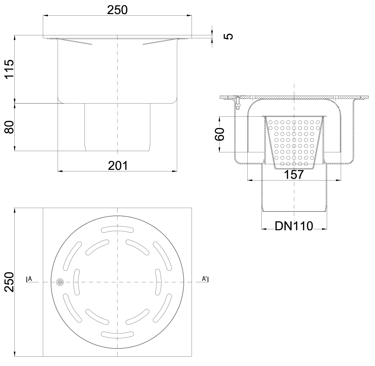 Esquema técnico del sumidero SELECT, fabricado en acero inoxidable AISI304, de dimensiones L300 A300 H195, salida vertical DN110, con sifón, con reja ranurada con fijación carga peatonal, incluye cestillo.