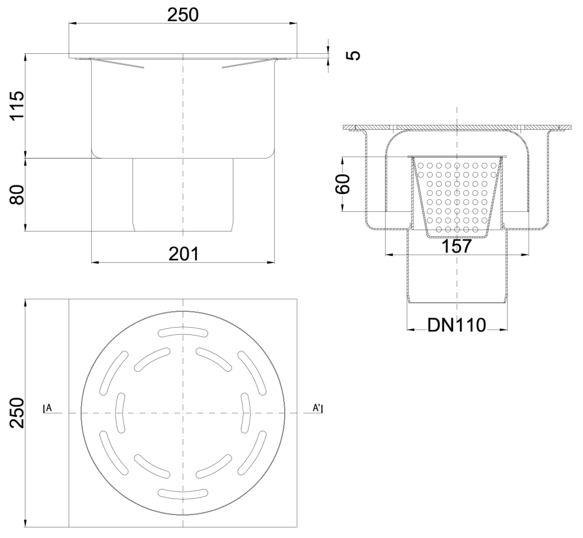 Esquema técnico del sumidero SELECT, fabricado en acero inoxidable AISI304, de dimensiones L300 A300 H195, salida vertical DN110, con sifón, con reja ranurada con fijación carga peatonal, incluye cestillo.