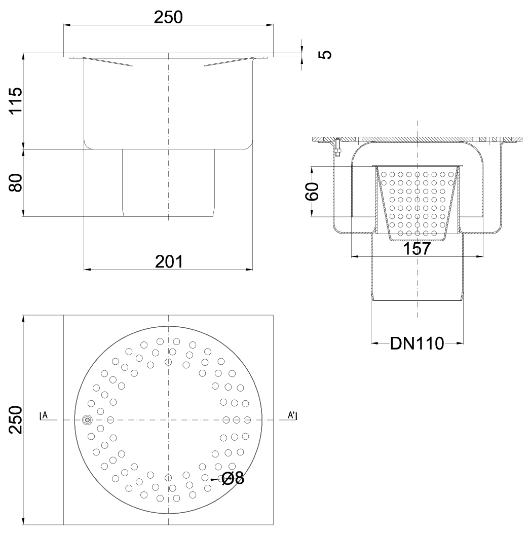 Esquema técnico del sumidero SELECT, fabricado en acero inoxidable AISI304, de dimensiones L250 A250 H195, salida vertical DN110, con sifón, con reja perforada son fijación carga peatonal, incluye cestillo.