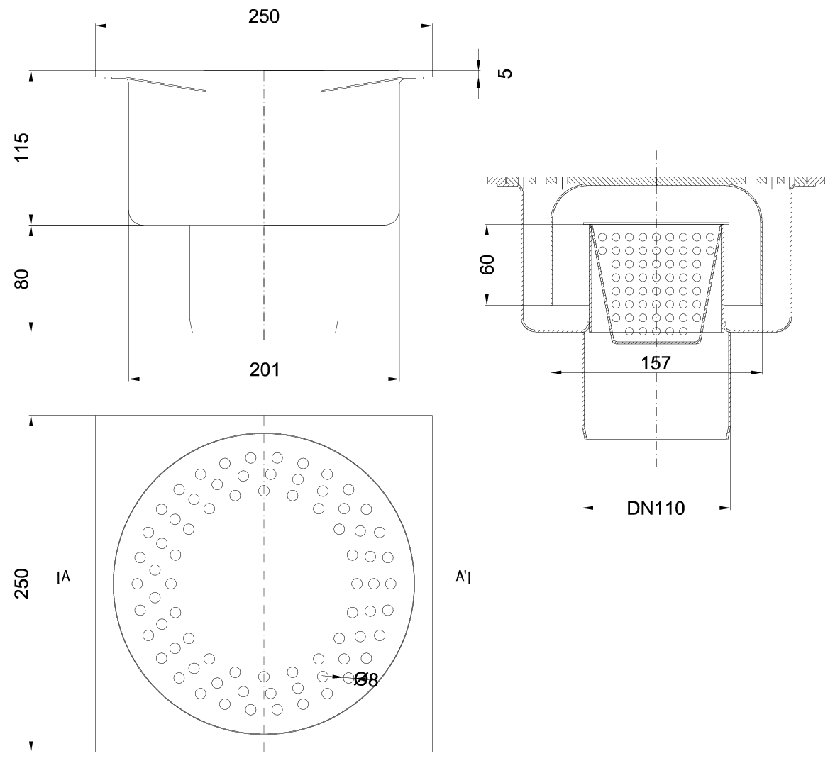 Esquema técnico del sumidero SELECT, fabricado en acero inoxidable AISI304, de dimensiones L300 A300 H195, salida vertical DN110, con sifón, con reja ranurada con fijación carga peatonal, incluye cestillo.