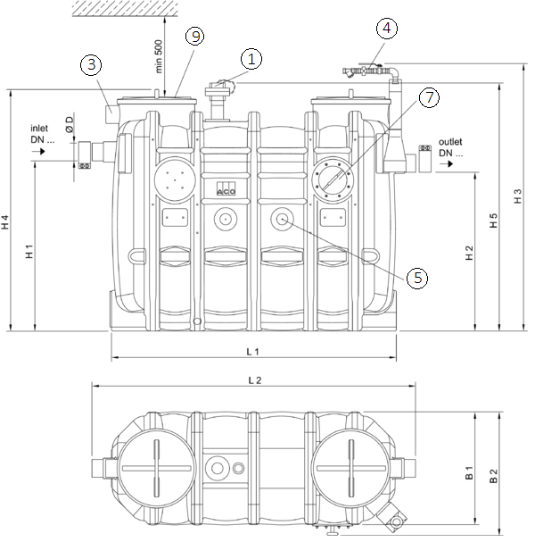 SEPG LIPUJET-P-OD Esquema técnico generico del separador de grasas aéreo LIPUJET-P-OD de polietileno de alta densidad (HDPE), ovalado, extensión con tubo de succión (D).