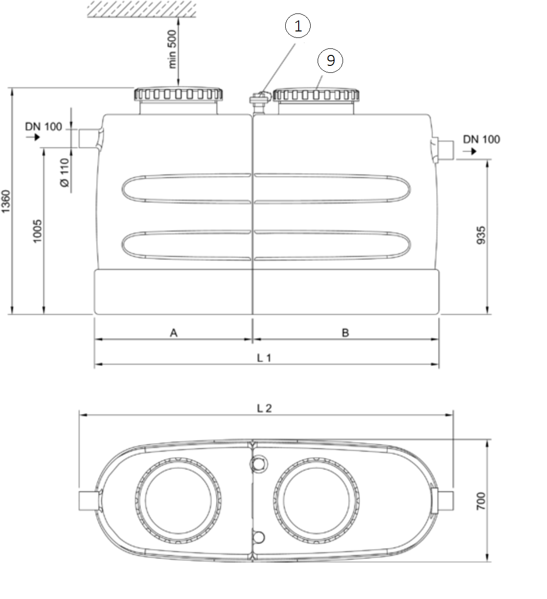 Esquema técnico generico del separador de grasas aéreo LIPUJET-P-SD de polietileno de alta densidad (HDPE), dividido, extensión con tubo de succión (D).