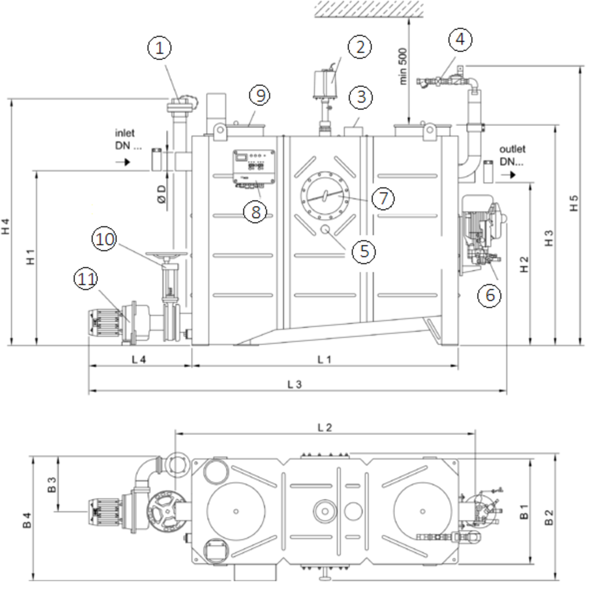 SEPG LIPUJET-S-OAP Esquema técnico generico del separador de grasas aéreo LIPUJET-S-OA de acero inoxidable AISI316, ovalado, extension automático con bomba de residuos (AP).