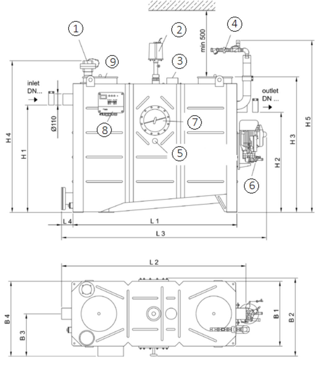 SEPG LIPUJET-S-OA Esquema técnico generico del separador de grasas aéreo LIPUJET-S-OA de acero inoxidable AISI316, ovalado, extensión con tubo de succión y limpieza automático (A).