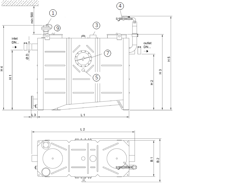 SEPG LIPUJET-S-OD Esquema técnico generico del separador de grasas aéreo LIPUJET-S-OD de acero inoxidable AISI316, ovalado, extensión con tubo de succión (D).