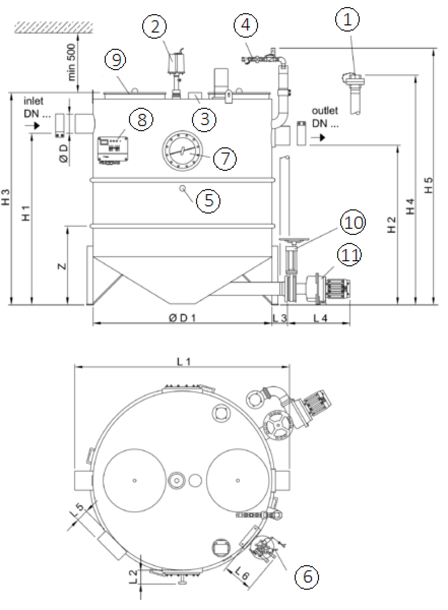 SEPG LIPUJET-S-RAP Esquema técnico generico del separador de grasas aéreo LIPUJET-S-RAP de acero inoxidable AISI316, redondo, extension automático con bomba de residuos (AP).