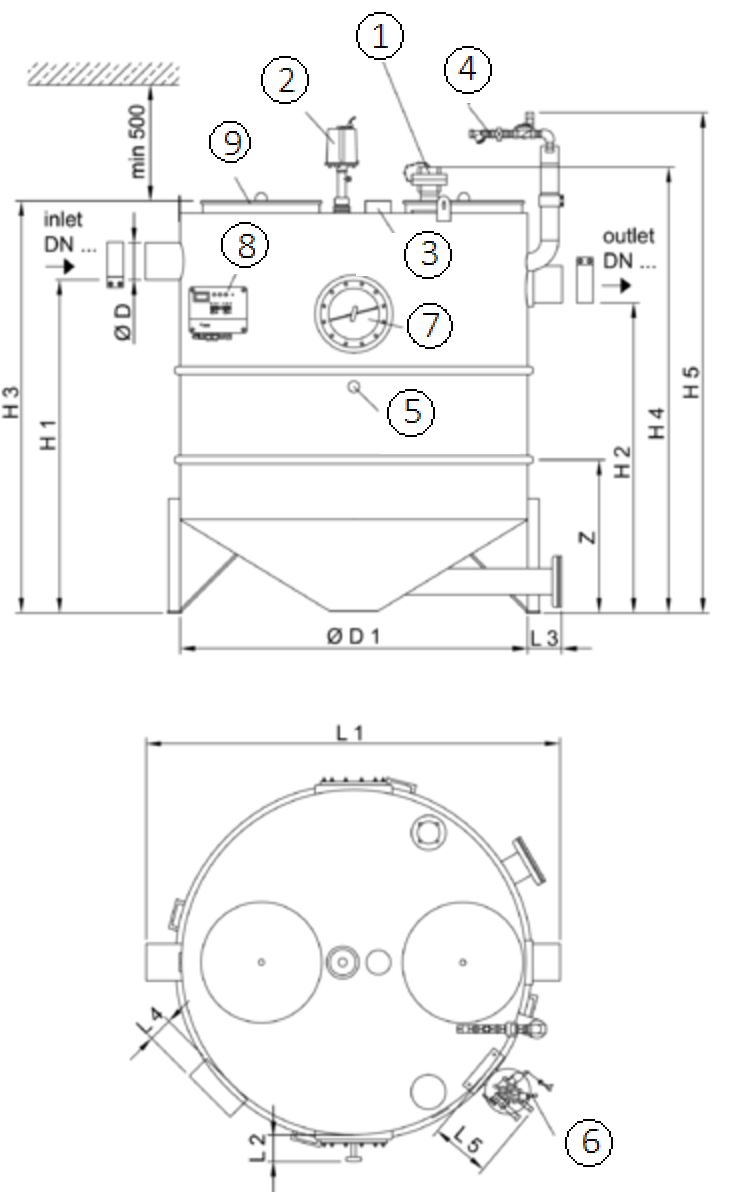 SEPG LIPUJET-S-RA Esquema técnico generico del separador de grasas aéreo LIPUJET-S-RA de acero inoxidable AISI316, redondo, extensión con tubo de succión y limpieza automático (A).