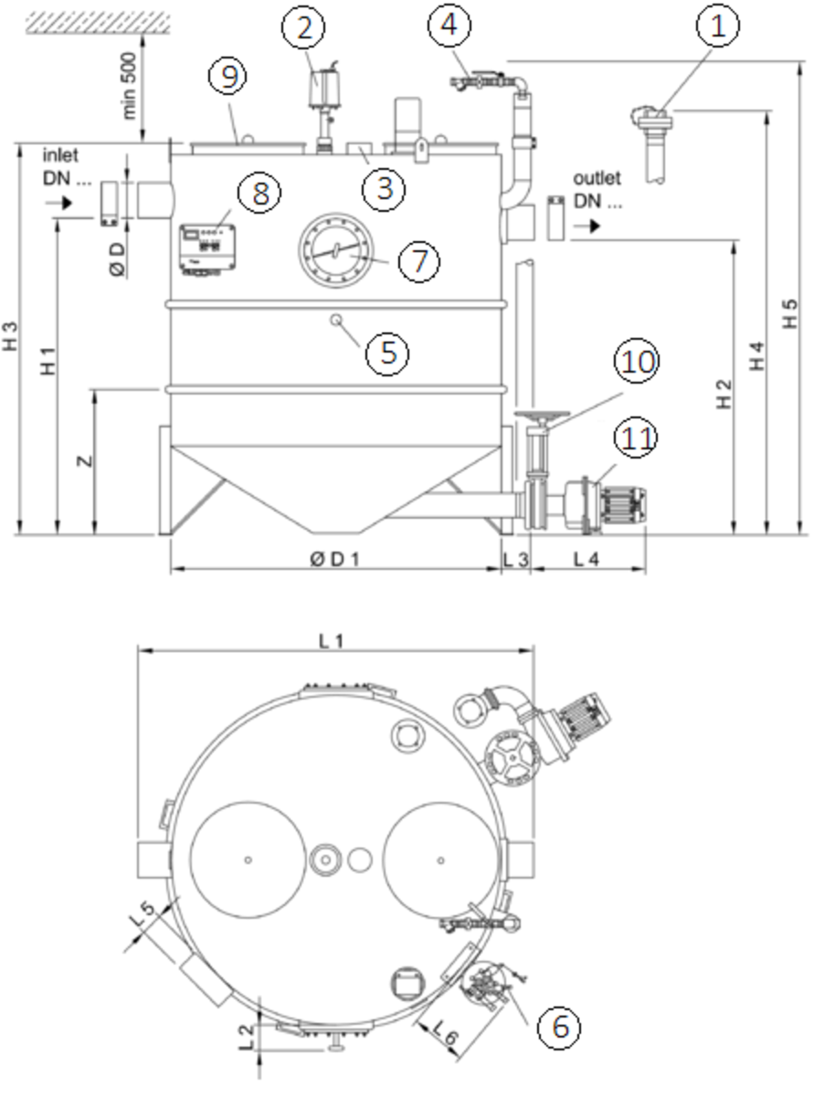 SEPG LIPUJET-S-RMP Esquema técnico generico del separador de grasas aéreo LIPUJET-S-RMP de acero inoxidable AISI316, redondo, extension manual con bomba de residuos (MP).