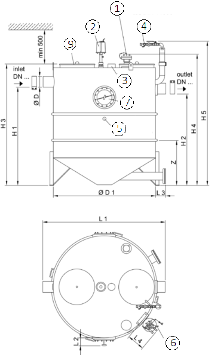 SEPG LIPUJET-S-RM Esquema técnico generico del separador de grasas aéreo LIPUJET-S-RM de acero inoxidable AISI316, redondo, extensión con tubo de succión y limpieza manual (M).